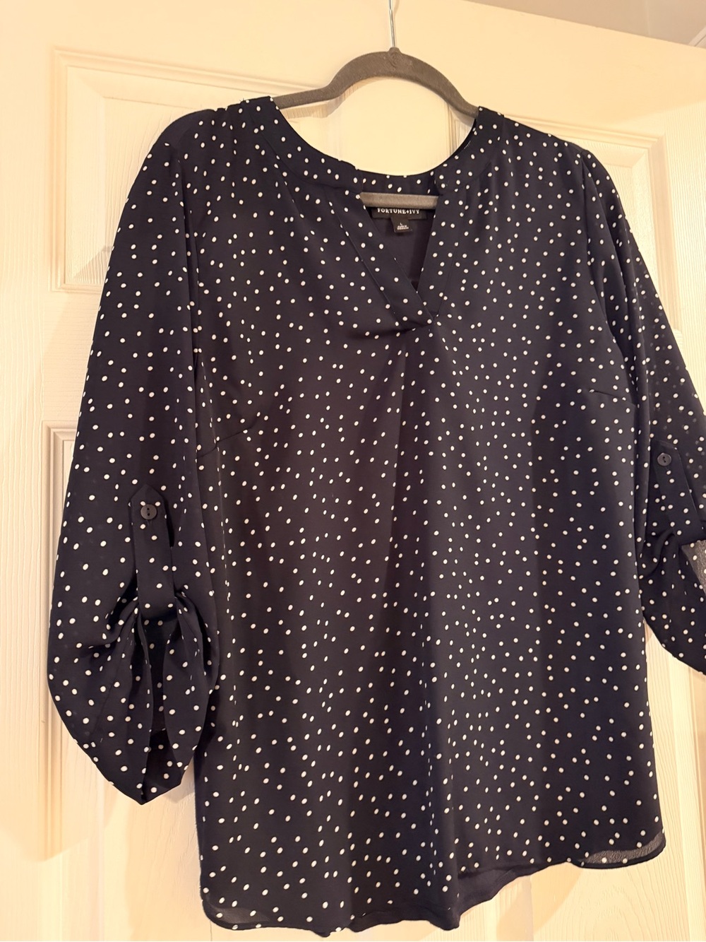 Navy Polka Dot V-Neck Blouse